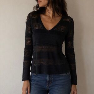 Express Black Lace Top Sheer Long Sleeve V-Neck Mediium Goth Whimsigoth Fairy